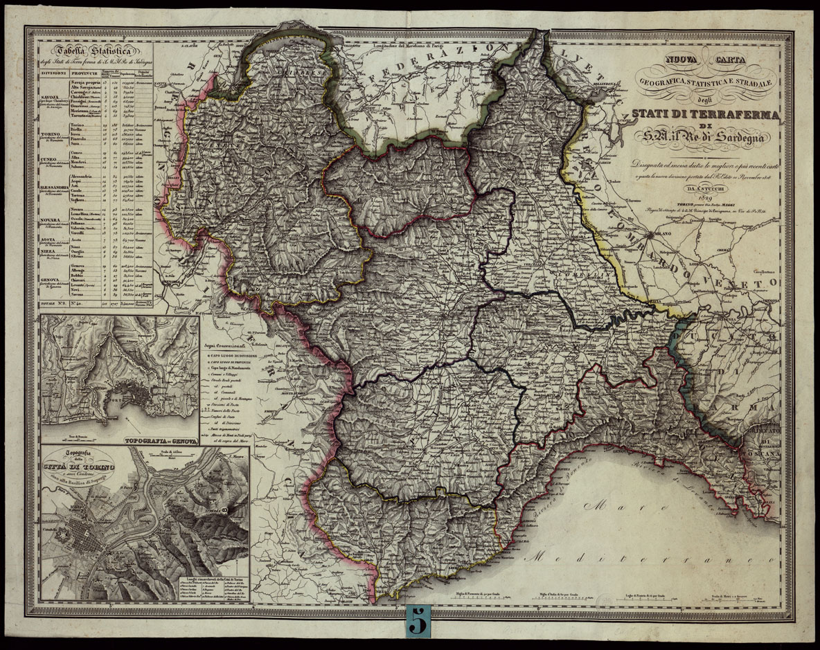 (N:6096) NUOVA CARTA GEOGRAFICA, STATISTICA E STRADALE DEGLI STATI DI TERRAFERMA  DI S.M. IL RE D8I SARDEGNA. (CA003242) Carte e stampe antiche: riproduzione a colori su carta (formato A1)