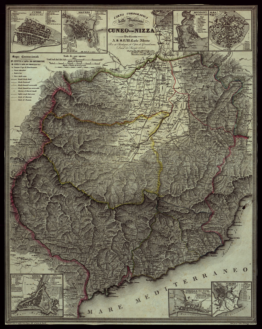 (N:10506) CARTA COREGRAFICA DELLE DIVISIONI DI CUNEO E DI NIZZA DEDICATA A.S.S.R.M. CARLO ALBERTO RE DI SARDEGNA, DI CIPRO, DI GERUSALEMME, DUCA DI SAVOIA, &&& DAL SUO UMILISS. OBBL. FEDELISS. SUDDITO GIO BATTA MAGGI NEGOZIANTE E PROVEDITORE DI STAMPE DELLA M.S. (CA003323) Carte e stampe antiche: riproduzione a colori su carta (formato A1)