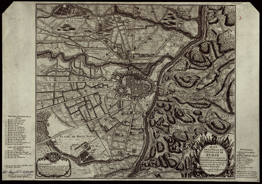 (N:775) PLAN DE LA VILLE ET CITADELLE DE TURIN AVEC SES ENVIRONS DEPUIS LA VENERIE JUSQUES A MILLEFLEURS LEVEE SUR LES LIEUX DRESSE ET MIS AU JOUR PAR LE S.R.G. BAITTIEN GEOGRAPHE AVEC PIVIL DU ROY POUR DIX ANS 1708. (CA003380) Carte e stampe antiche: riproduzione a colori su carta (formato A1)