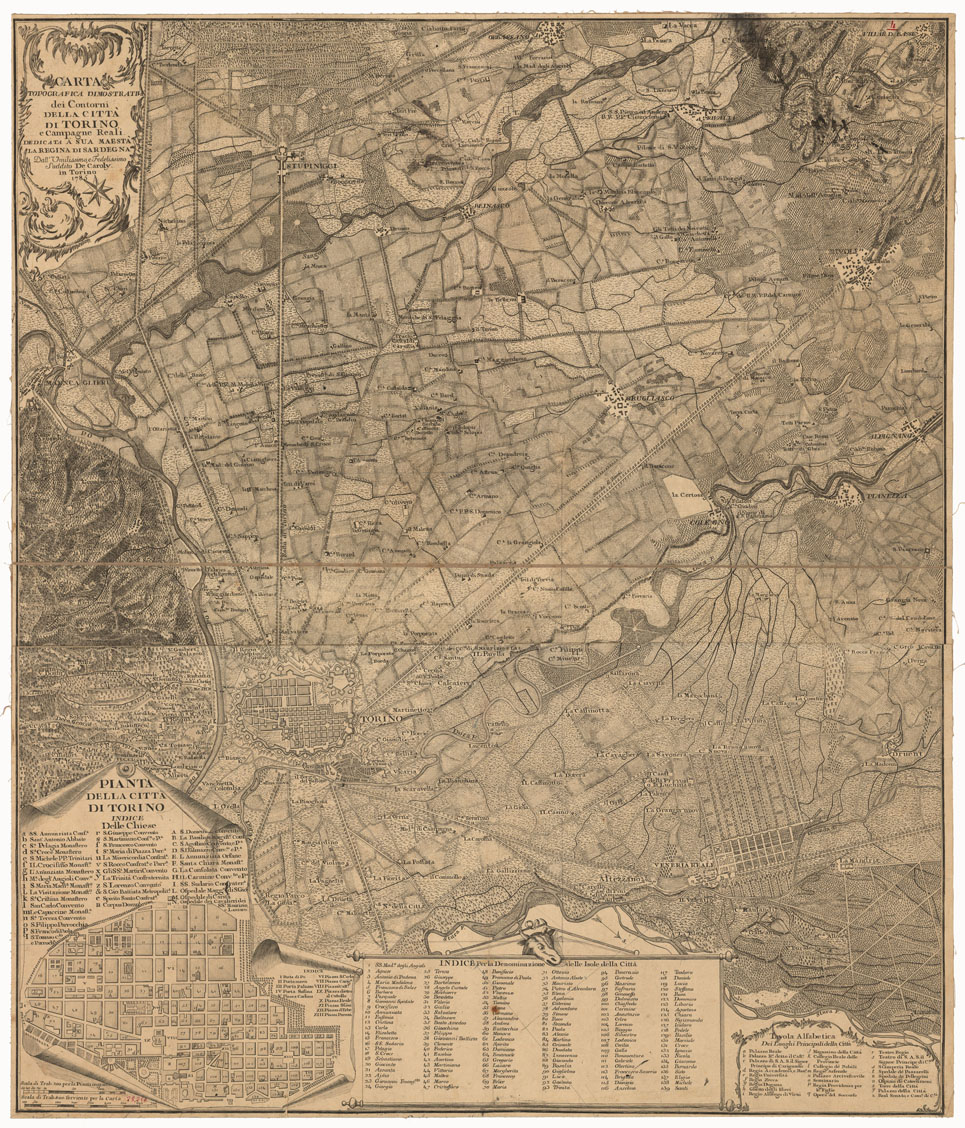(N:773) CARTA TOPOGRAFICA DIMOSTRATIVA DEI CONTORNI DELLA CITTA' DI TORINO CAMPAGNE REALI DEDICATA A SUA MAESTA' LA REGINA DI SARDEGNA DALL'UMILISSIMO E FEDELISSIMO SUDDITO DE CAROLY IN TORINO 1785 (CA003381) Carte e stampe antiche: riproduzione a colori su carta (formato A1)