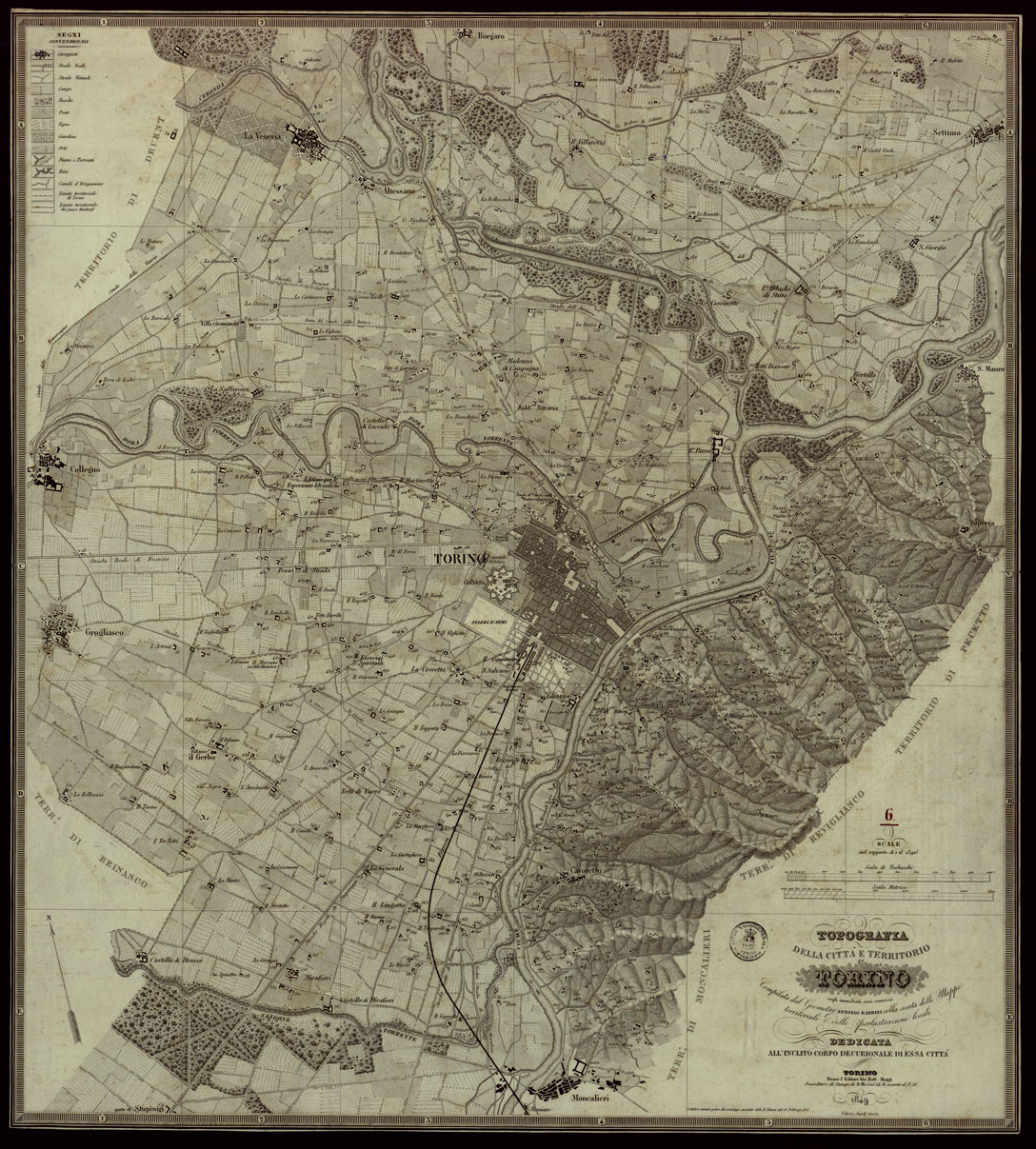 (N:762) TOPOGRAFIA DELLA CITTA'E TERRITORIO DI TORINO COGLI IMMEDIATI SUOI CONTORNI, COMPILATA DAL GEOMETRA ANTONIO RABBINI COLLA SCORTA DELLE MAPPE TERRITORIALI E DELLE PERLUSTRAZIONI. DEDICATA ALL'INCLITO CORPODECURIONALE DI ESSA CITTA'.
 (CA003387) Carte e stampe antiche: riproduzione a colori su carta (formato A1)