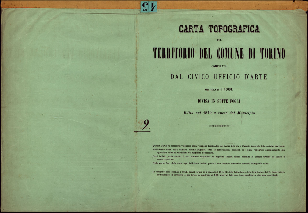 (N:23974) CARTA TOPOGRAFICA DEL TERRITORIO DEL COMUNE DI TORINO COMPILATA DA CIVICO UFFICIO D'ARTE ALLA SCALA DI 1:10.000 DIVISA IN SETTE FOGLI. EDITA NEL 1879 A SPESE DEL MUNICIPIO TORINO PRESSO L'EDITORE G.B. MAGGI PROVV.RE DI STAMPE DI S.M. - COPERTINA (CA003422) Carte e stampe antiche: riproduzione a colori su carta (formato A1)