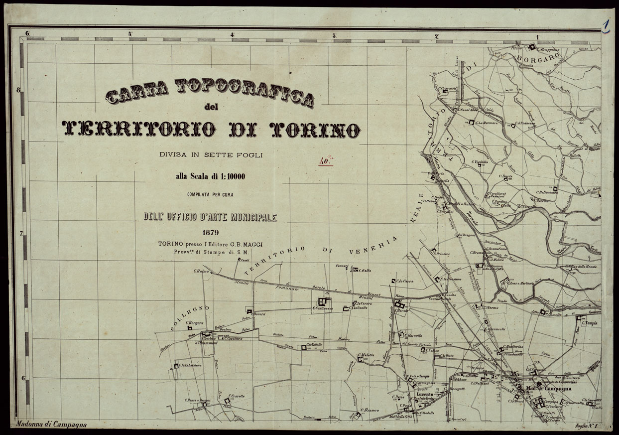(N:21) CARTA TOPOGRAFICA DEL TERRITORIO DEL COMUNE DI TORINO COMPILATA DA CIVICO UFFICIO D'ARTE ALLA SCALA DI 1:10.000 DIVISA IN SETTE FOGLI. EDITA NEL 1879 A SPESE DEL MUNICIPIO TORINO PRESSO L'EDITORE G.B. MAGGI PROVV.RE DI STAMPE DI S.M. - FOGLIO 1 (CA003423) Carte e stampe antiche: riproduzione a colori su carta (formato A1)