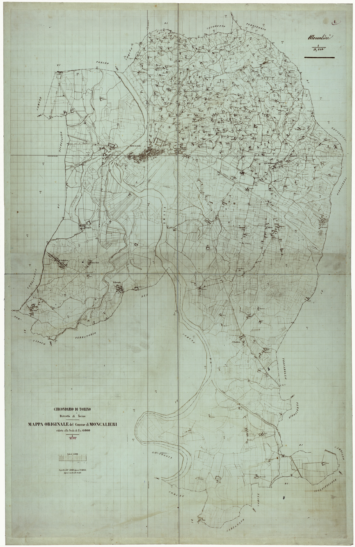 (N:8644) CIRCONDARIO DI TORINO DISTRETTO DI TORINO MAPPA ORIGINALE DEL COMUNE DI MONCALIERI RIDOTTE ALLA SCALA DI 1 A 6.000 (CA003432) Carte e stampe antiche: riproduzione a colori su carta (formato A1)