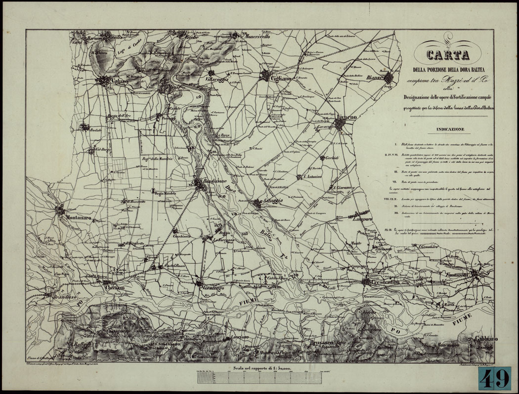 (N:6060) CARTA DELLA PORZIONE DELLA DORA BALTEA COMPRESA TRA MAZZE' ED IL PO' COLLA DESIGNAZIONE DELLE OPERE DI FORTIFICAZIONE CAMPALE PROGETTATE PER LA DIFESA DELLA LINEA DELLA DORA BALTEA. 
Lit. M. Doyen. (CA003438) Carte e stampe antiche: riproduzione a colori su carta (formato A1)