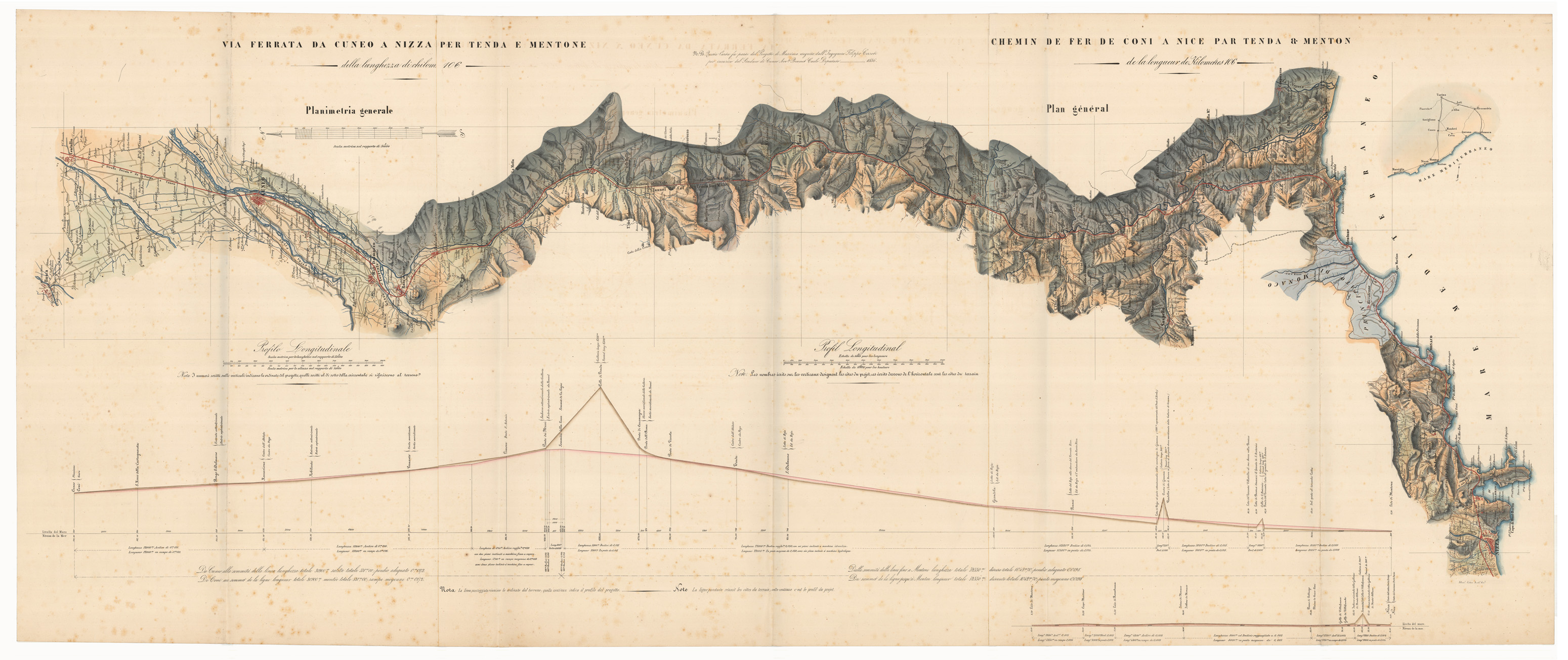 (N:5729) VIA FERRATA DA CUNEO A NIZZA PER TENDA E MENTONE DELLA LUNGHEZZA DI CHILOMETRI 106 (CA003439) Carte e stampe antiche: riproduzione a colori su carta (formato A1)