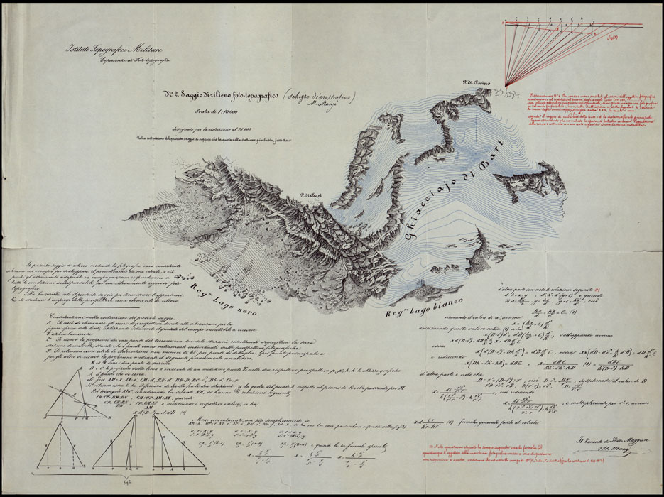 (N:23987) TRENTADUE PANORAMI FOTOGRAFICI ESEGUITI DAL TENENTE DI STATO MAGGIORE SIG. MANZI NEL 1876, PER STUDI SULLA FOTOTOPOGRAFIA - N2 SAGGIO DI RILIEVO FOTO-TOPOGRAFICO (SCHIZZO DIMOSTRATIVO M. MANZI) SCALA 1.10.000 (CA003475) Carte e stampe antiche: riproduzione a colori su carta (formato A1)