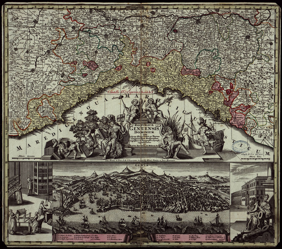 (N:14863) REPUBLICAE GENUENSIS DOMINIUM CUM INCLYTA ISTIUS URBIS ET PORTUS INSIGNIORIBUS PROSPECTIBUS GEOGRAPHICA ET TOPOGRAPHICA SYNOPSI REPRASENTATUM PER MATTH. L. SEUTTER S. C. M. GEOGR. AUG. (CA003513) Carte e stampe antiche: riproduzione a colori su carta (formato A1)