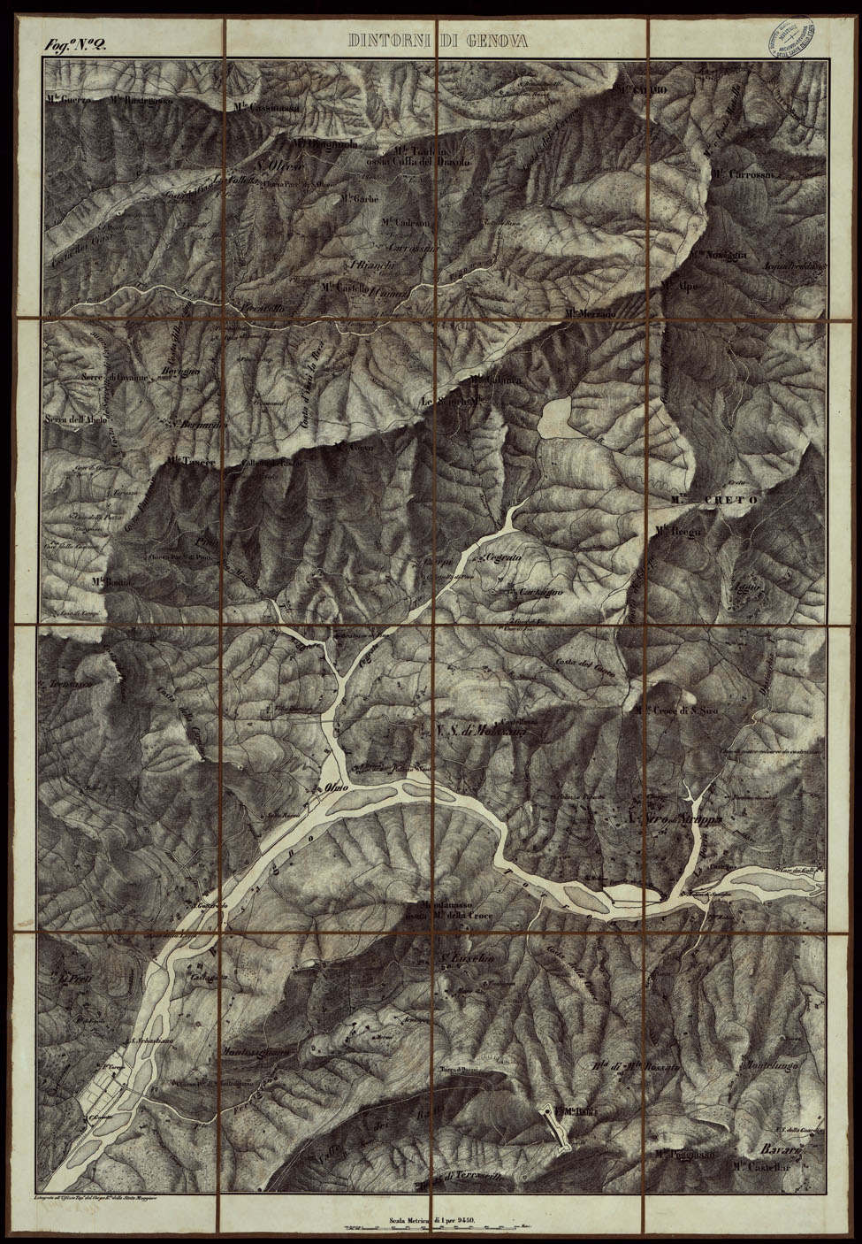 (N:24023) CARTA TOPOGRAFICA DEI DINTORNI DI GENOVA (PARTE NORD-EST) ALLA SCALA DI 1 al 9450 LITOGRAFIZZATA NEL 1851 - Fog. N.2. (CA003549) Carte e stampe antiche: riproduzione a colori su carta (formato A1)