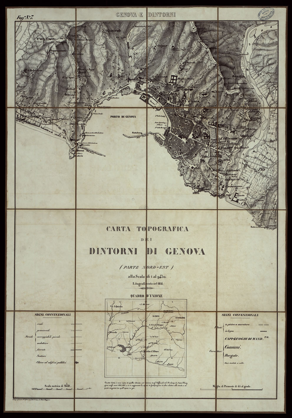 (N:24025) CARTA TOPOGRAFICA DEI DINTORNI DI GENOVA (PARTE NORD-EST) ALLA SCALA DI 1 al 9450 LITOGRAFIZZATA NEL 1851 - Fog. N.7. - QUADRO D'UNIONE. (CA003551) Carte e stampe antiche: riproduzione a colori su carta (formato A1)