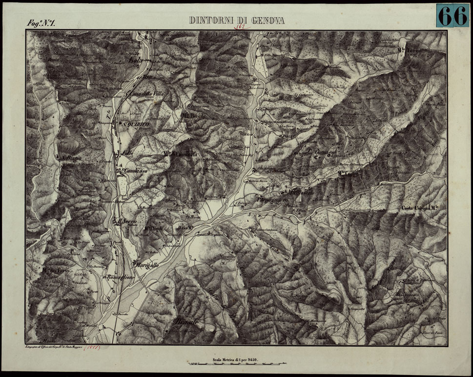 (N:6385) CARTA TOPOGRAFICA DEI DINTORNI DI GENOVA (PARTE NORD-EST) ALLA SCALA DI 1 al 9450 LITOGRAFIZZATA NEL 1851 - Fog. N.1. (CA003554) Carte e stampe antiche: riproduzione a colori su carta (formato A1)