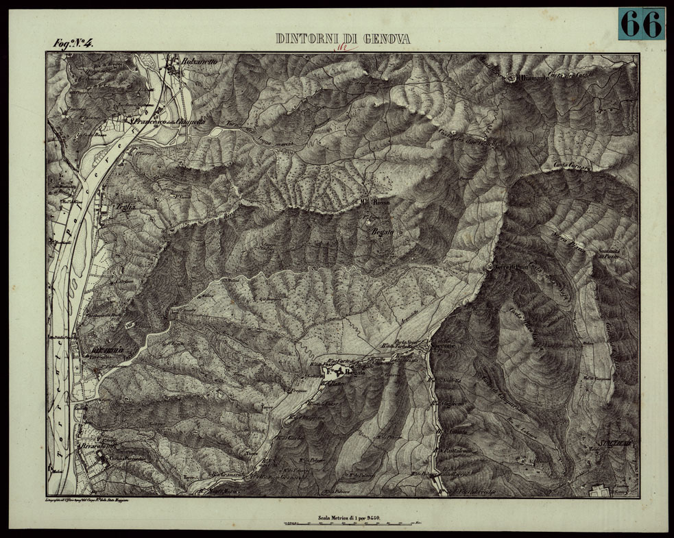(N:6383) CARTA TOPOGRAFICA DEI DINTORNI DI GENOVA (PARTE NORD-EST) ALLA SCALA DI 1 al 9450 LITOGRAFIZZATA NEL 1851 - Fog. N.4. (CA003557) Carte e stampe antiche: riproduzione a colori su carta (formato A1)