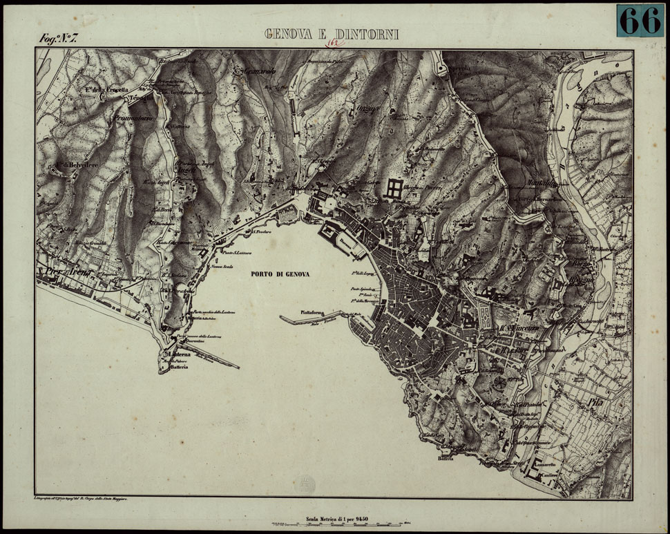 (N:6380) CARTA TOPOGRAFICA DEI DINTORNI DI GENOVA (PARTE NORD-EST) ALLA SCALA DI 1 al 9450 LITOGRAFIZZATA NEL 1851 - Fog. N.7. (CA003560) Carte e stampe antiche: riproduzione a colori su carta (formato A1)