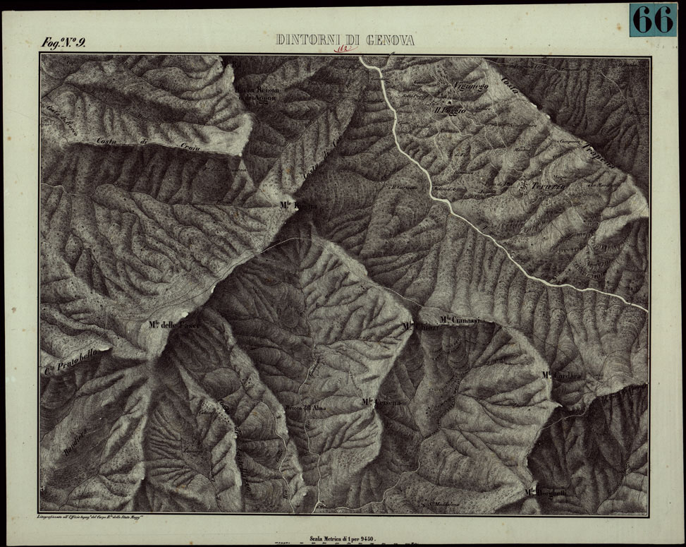 (N:6378) CARTA TOPOGRAFICA DEI DINTORNI DI GENOVA (Parte Nord-Est) alla scala di 1 al 9450 Litografizzata nel 1851 - Fog.N.9. (CA003563) Carte e stampe antiche: riproduzione a colori su carta (formato A1)