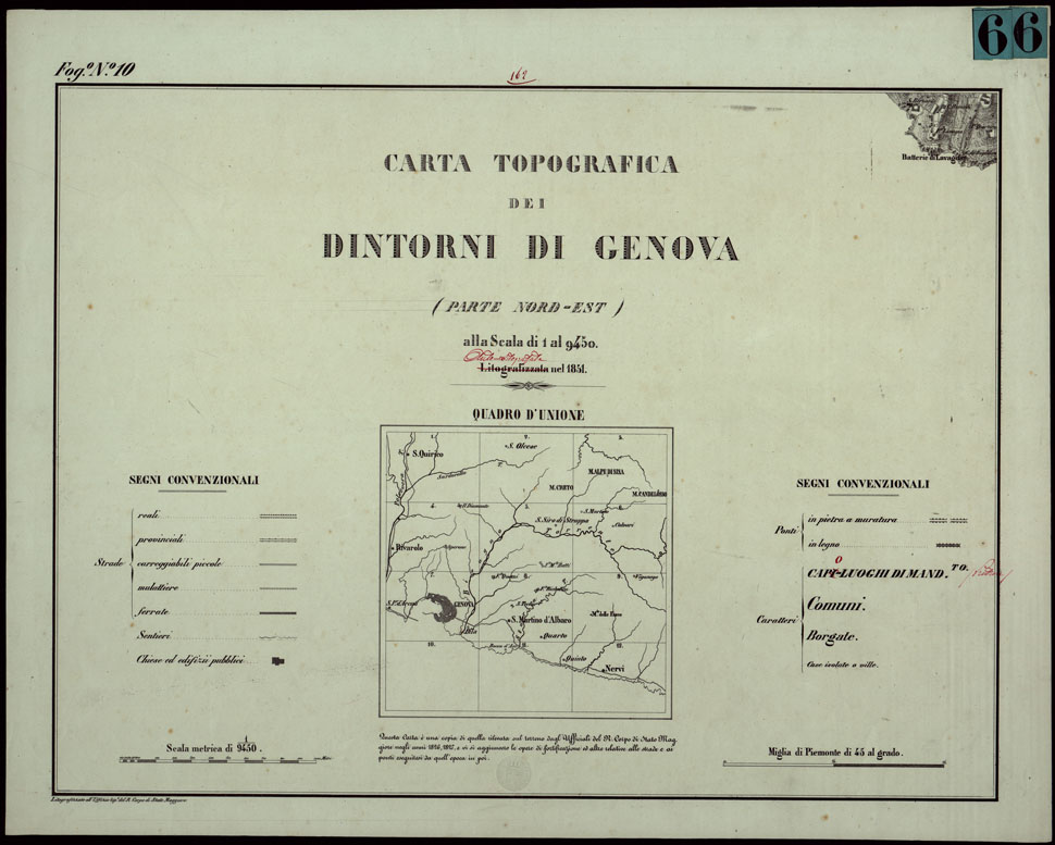 (N:6377) CARTA TOPOGRAFICA DEI DINTORNI DI GENOVA (PARTE NORD-EST) ALLA SCALA DI 1 al 9450 LITOGRAFIZZATA NEL 1851 - Fog. N.10. - QUADRO D'UNIONE E SEGNI CONVENZIONALI. (CA003564) Carte e stampe antiche: riproduzione a colori su carta (formato A1)