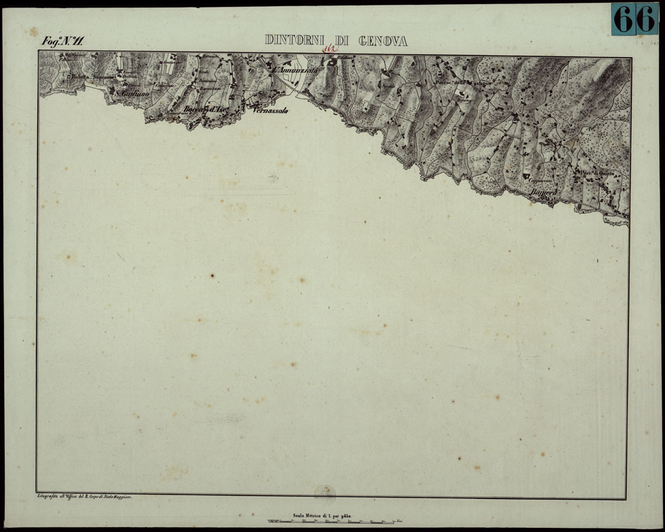 (N:6376) CARTA TOPOGRAFICA DEI DINTORNI DI GENOVA (PARTE NORD-EST) ALLA SCALA DI 1 al 9450 LITOGRAFIZZATA NEL 1851 - Fog. N.11. (CA003565) Carte e stampe antiche: riproduzione a colori su carta (formato A1)