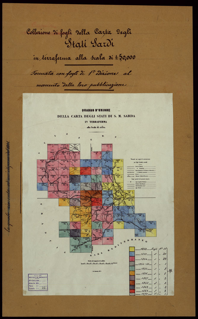 (N:24029) CARTA TOPOGRAFICA DEGLI STATI IN TERRAFERMA DI S.M. IL RE DI SARDEGNA ALLA SCALA DI 1A 50.000. OPERA DEL CORPO REALE DELLO STATO MAGGIORE - QUADRO D'UNIONE (CA003590) Carte e stampe antiche: riproduzione a colori su carta (formato A1)
