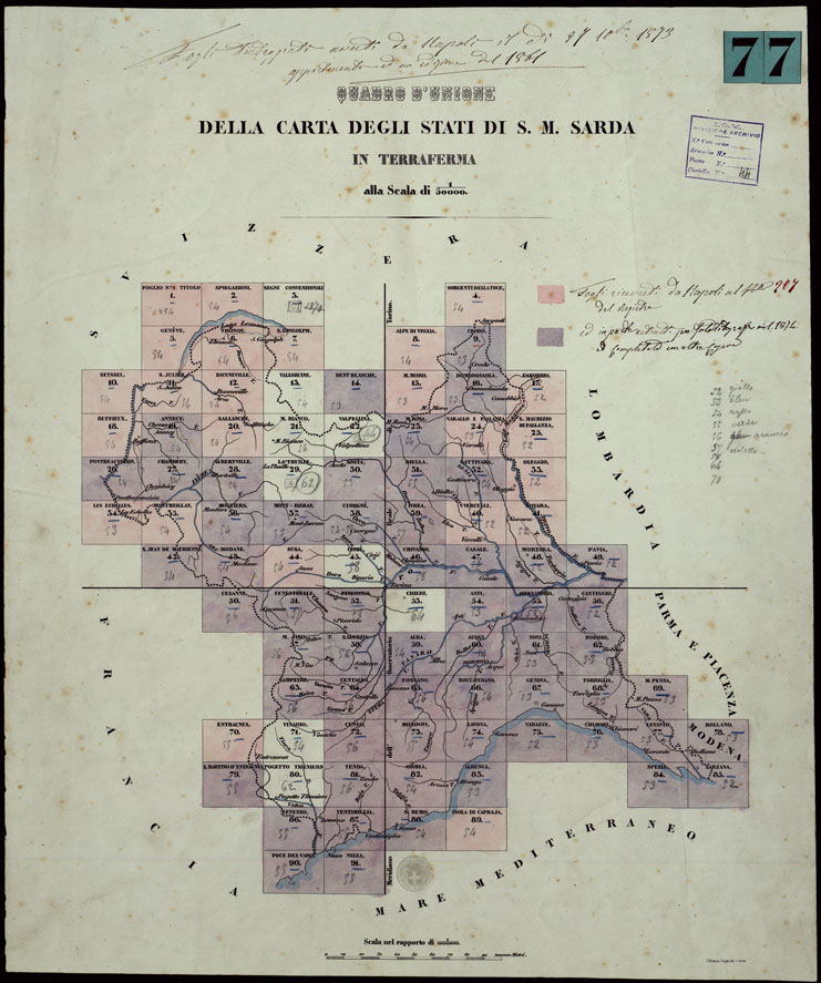 (N:24030) CARTA TOPOGRAFICA DEGLI STATI IN TERRAFERMA DI S.M. IL RE DI SARDEGNA ALLA SCALA DI 1A 50.000. OPERA DEL CORPO REALE DELLO STATO MAGGIORE - QUADRO D'UNIONE (CA003591) Carte e stampe antiche: riproduzione a colori su carta (formato A1)