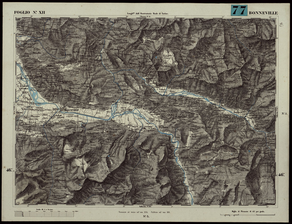 (N:24041) CARTA TOPOGRAFICA DEGLI STATI IN TERRAFERMA DI S.M. IL RE DI SARDEGNA ALLA SCALA DI 1A 50.000. OPERA DEL CORPO REALE DELLO STATO MAGGIORE - FOGLIO N.XII BONNEVILLE (CA003602) Carte e stampe antiche: riproduzione a colori su carta (formato A1)
