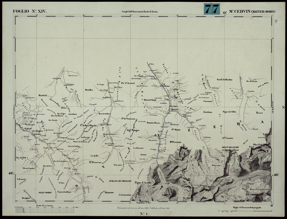 (N:24043) CARTA TOPOGRAFICA DEGLI STATI IN TERRAFERMA DI S.M. IL RE DI SARDEGNA ALLA SCALA DI 1A 50.000. OPERA DEL CORPO REALE DELLO STATO MAGGIORE - FOGLIO N.XIV MONTE CERVIN (MATTER-HORN) (CA003604) Carte e stampe antiche: riproduzione a colori su carta (formato A1)