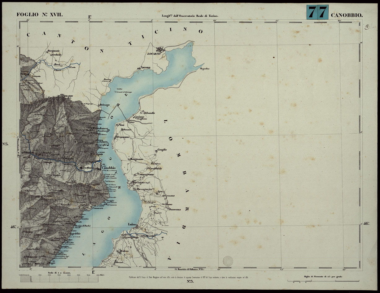 (N:24046) CARTA TOPOGRAFICA DEGLI STATI IN TERRAFERMA DI S.M. IL RE DI SARDEGNA ALLA SCALA DI 1A 50.000. OPERA DEL CORPO REALE DELLO STATO MAGGIORE - FOGLIO N.XVII CANOBBIO (CA003607) Carte e stampe antiche: riproduzione a colori su carta (formato A1)