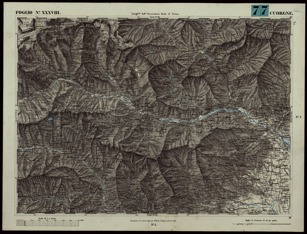 (N:24066) CARTA TOPOGRAFICA DEGLI STATI IN TERRAFERMA DI S.M. IL RE DI SARDEGNA ALLA SCALA DI 1A 50.000. OPERA DEL CORPO REALE DELLO STATO MAGGIORE - FOGLIO N.XXXVIII CUORGNE (CA003627) Carte e stampe antiche: riproduzione a colori su carta (formato A1)