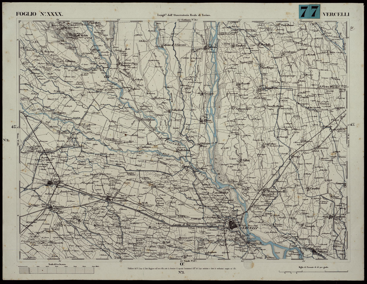 (N:24069) CARTA TOPOGRAFICA DEGLI STATI IN TERRAFERMA DI S.M. IL RE DI SARDEGNA ALLA SCALA DI 1A 50.000. OPERA DEL CORPO REALE DELLO STATO MAGGIORE - FOGLIO N.XXXX VERCELLI (CA003629) Carte e stampe antiche: riproduzione a colori su carta (formato A1)