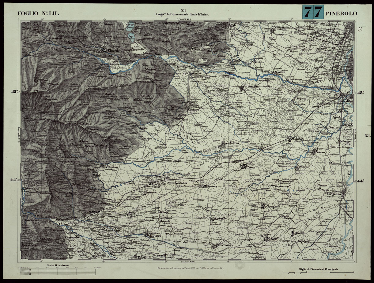 (N:24081) CARTA TOPOGRAFICA DEGLI STATI IN TERRAFERMA DI S.M. IL RE DI SARDEGNA ALLA SCALA DI 1A 50.000. OPERA DEL CORPO REALE DELLO STATO MAGGIORE - FOGLIO N.LII  PINEROLO (CA003641) Carte e stampe antiche: riproduzione a colori su carta (formato A1)