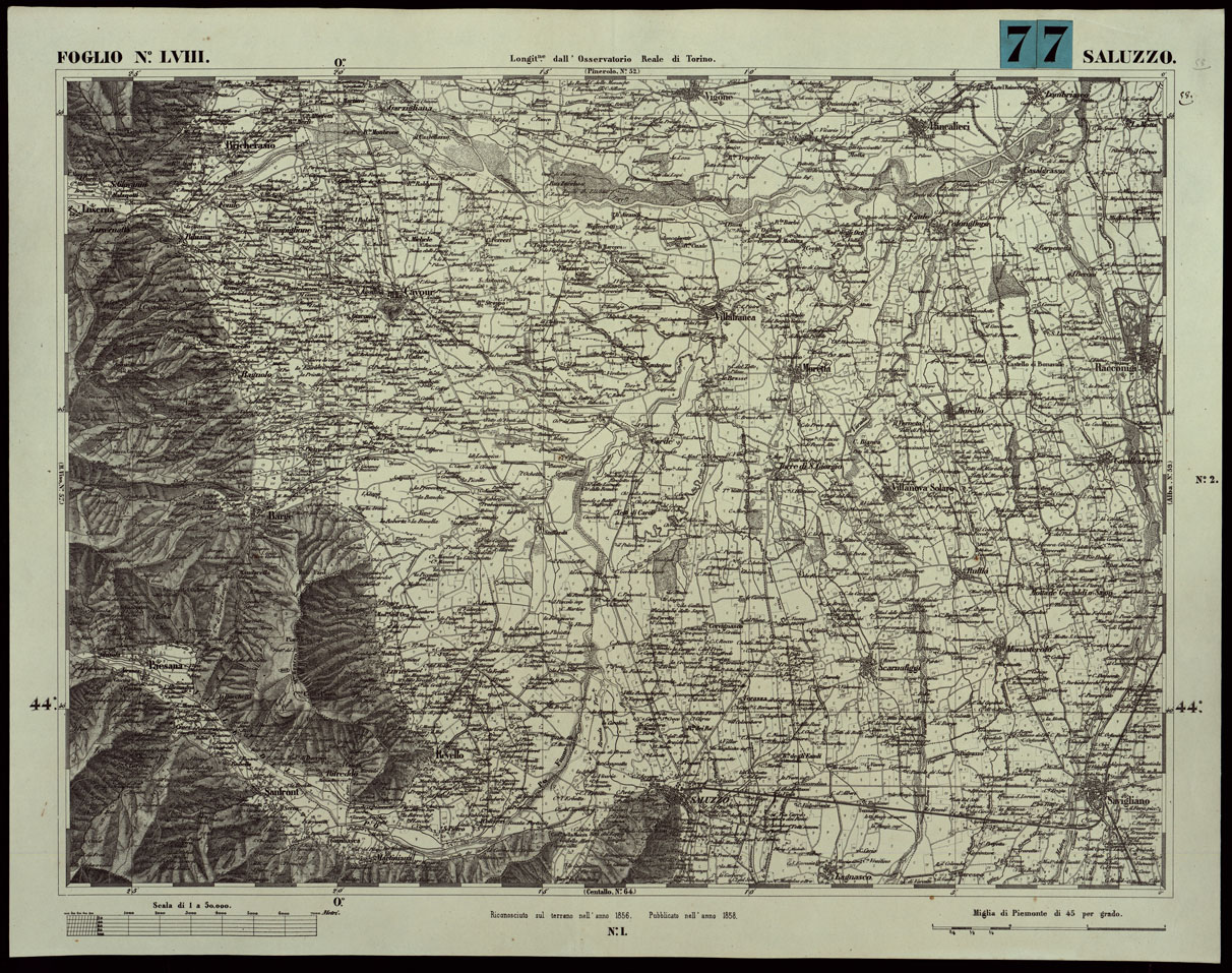 (N:24087) CARTA TOPOGRAFICA DEGLI STATI IN TERRAFERMA DI S.M. IL RE DI SARDEGNA ALLA SCALA DI 1A 50.000. OPERA DEL CORPO REALE DELLO STATO MAGGIORE - FOGLIO N.LVIII SALUZZO (CA003647) Carte e stampe antiche: riproduzione a colori su carta (formato A1)