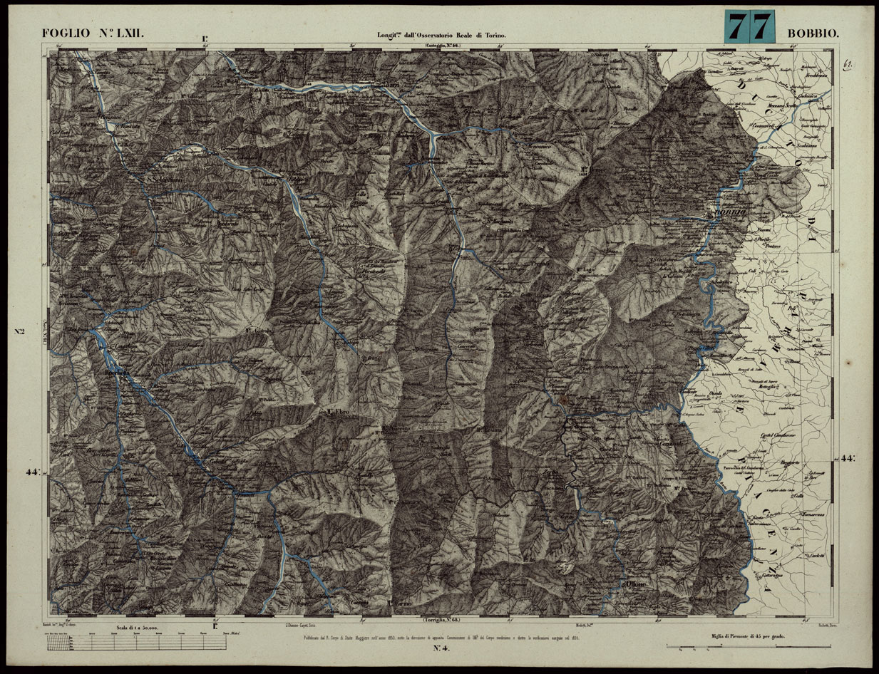 (N:24090) CARTA TOPOGRAFICA DEGLI STATI IN TERRAFERMA DI S.M. IL RE DI SARDEGNA ALLA SCALA DI 1A 50.000. OPERA DEL CORPO REALE DELLO STATO MAGGIORE - FOGLIO N.LXII BOBBIO (CA003650) Carte e stampe antiche: riproduzione a colori su carta (formato A1)