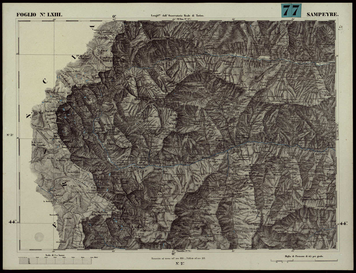 (N:24091) CARTA TOPOGRAFICA DEGLI STATI IN TERRAFERMA DI S.M. IL RE DI SARDEGNA ALLA SCALA DI 1A 50.000. OPERA DEL CORPO REALE DELLO STATO MAGGIORE - FOGLIO N.LXIII SAMPEYRE (CA003651) Carte e stampe antiche: riproduzione a colori su carta (formato A1)