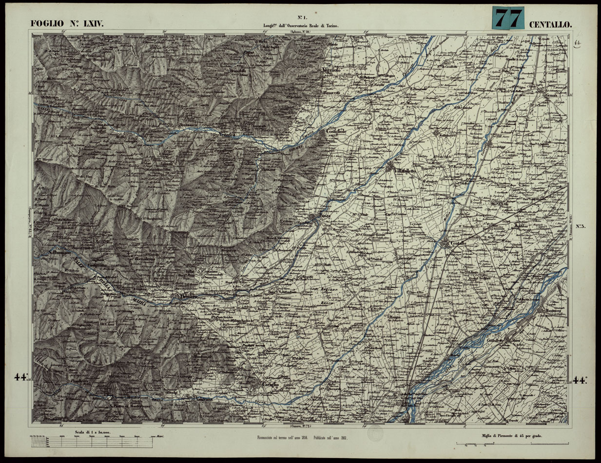 (N:24092) CARTA TOPOGRAFICA DEGLI STATI IN TERRAFERMA DI S.M. IL RE DI SARDEGNA ALLA SCALA DI 1A 50.000. OPERA DEL CORPO REALE DELLO STATO MAGGIORE - FOGLIO N.LXIV CENTALLO (CA003652) Carte e stampe antiche: riproduzione a colori su carta (formato A1)