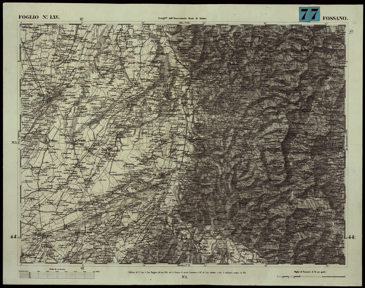 (N:24093) CARTA TOPOGRAFICA DEGLI STATI IN TERRAFERMA DI S.M. IL RE DI SARDEGNA ALLA SCALA DI 1A 50.000. OPERA DEL CORPO REALE DELLO STATO MAGGIORE - FOGLIO N.LXV FOSSANO (CA003653) Carte e stampe antiche: riproduzione a colori su carta (formato A1)