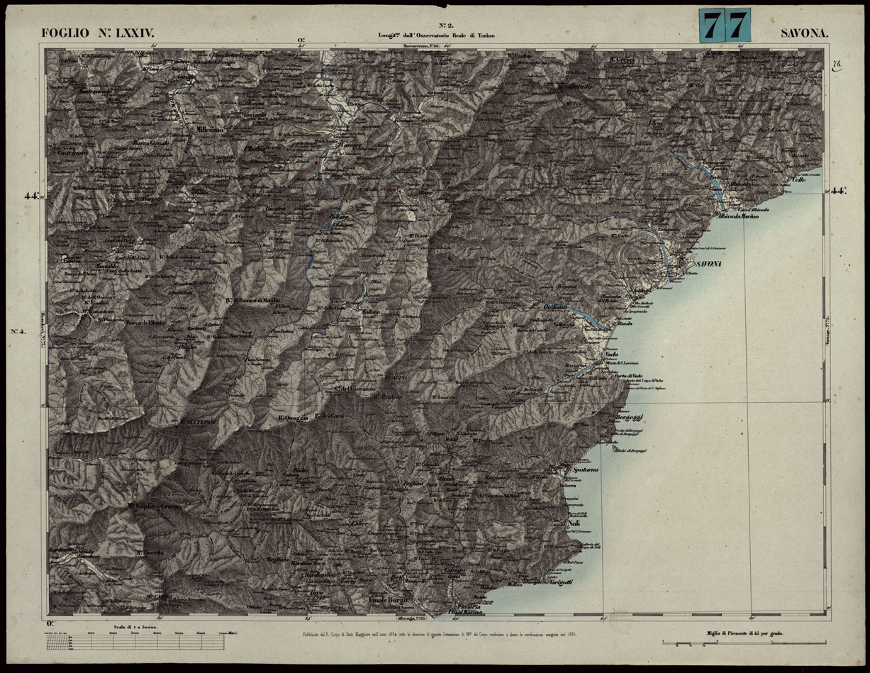 (N:24102) CARTA TOPOGRAFICA DEGLI STATI IN TERRAFERMA DI S.M. IL RE DI SARDEGNA ALLA SCALA DI 1A 50.000. OPERA DEL CORPO REALE DELLO STATO MAGGIORE - FOGLIO N.LXXIV SAVONA (CA003662) Carte e stampe antiche: riproduzione a colori su carta (formato A1)