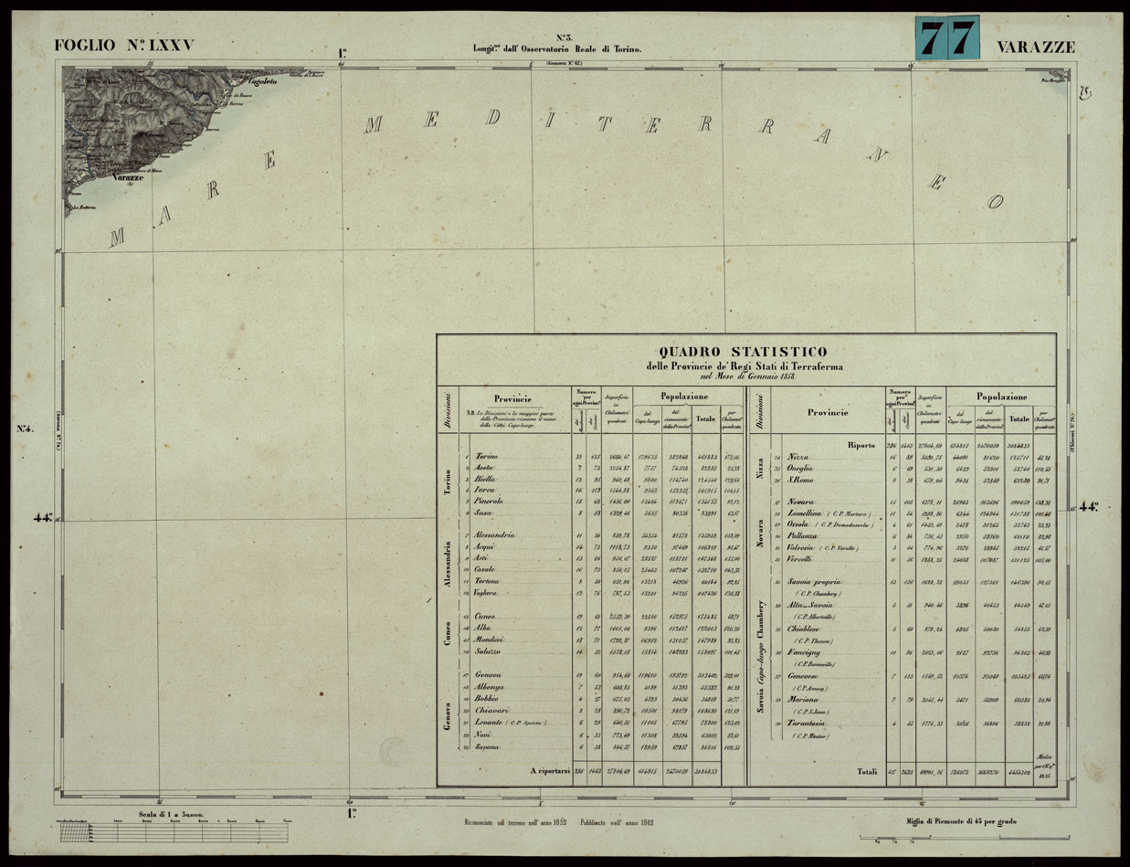 (N:24103) CARTA TOPOGRAFICA DEGLI STATI IN TERRAFERMA DI S.M. IL RE DI SARDEGNA ALLA SCALA DI 1A 50.000. OPERA DEL CORPO REALE DELLO STATO MAGGIORE - FOGLIO N.LXXV VARAZZE (CA003663) Carte e stampe antiche: riproduzione a colori su carta (formato A1)