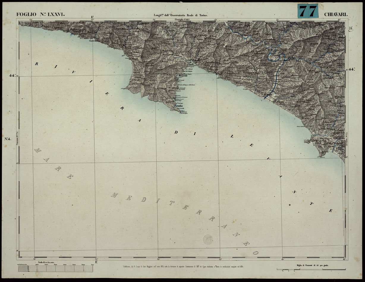 (N:24104) CARTA TOPOGRAFICA DEGLI STATI IN TERRAFERMA DI S.M. IL RE DI SARDEGNA ALLA SCALA DI 1A 50.000. OPERA DEL CORPO REALE DELLO STATO MAGGIORE - FOGLIO N.LXXVI CHIAVARI (CA003664) Carte e stampe antiche: riproduzione a colori su carta (formato A1)