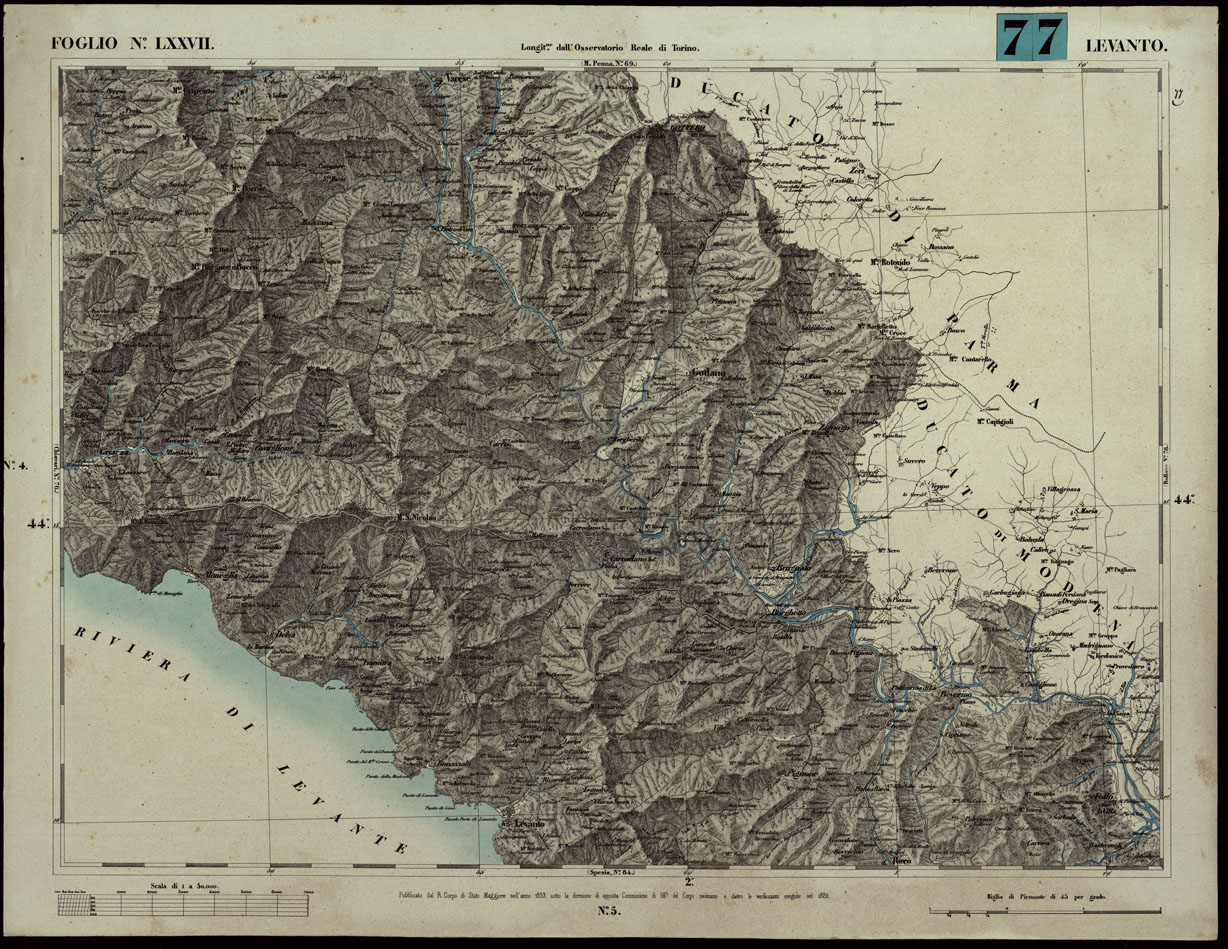 (N:24105) CARTA TOPOGRAFICA DEGLI STATI IN TERRAFERMA DI S.M. IL RE DI SARDEGNA ALLA SCALA DI 1A 50.000. OPERA DEL CORPO REALE DELLO STATO MAGGIORE - FOGLIO N.LXXVII LEVANTO (CA003665) Carte e stampe antiche: riproduzione a colori su carta (formato A1)