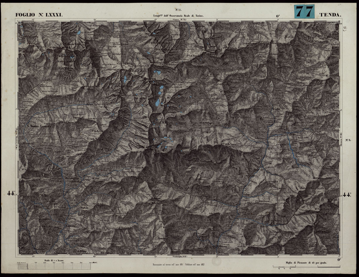 (N:24109) CARTA TOPOGRAFICA DEGLI STATI IN TERRAFERMA DI S.M. IL RE DI SARDEGNA ALLA SCALA DI 1A 50.000. OPERA DEL CORPO REALE DELLO STATO MAGGIORE - FOGLIO N.LXXXI TENDA (CA003669) Carte e stampe antiche: riproduzione a colori su carta (formato A1)