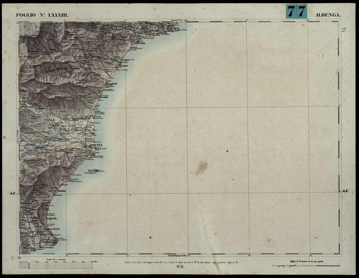 (N:24111) CARTA TOPOGRAFICA DEGLI STATI IN TERRAFERMA DI S.M. IL RE DI SARDEGNA ALLA SCALA DI 1A 50.000. OPERA DEL CORPO REALE DELLO STATO MAGGIORE - FOGLIO N.LXXXIII ALBENGA (CA003671) Carte e stampe antiche: riproduzione a colori su carta (formato A1)