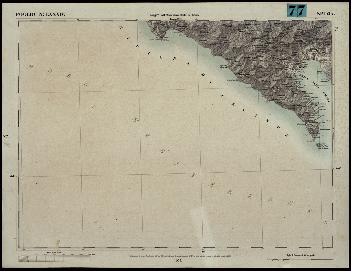 (N:24118) CARTA TOPOGRAFICA DEGLI STATI IN TERRAFERMA DI S.M. IL RE DI SARDEGNA ALLA SCALA DI 1A 50.000. OPERA DEL CORPO REALE DELLO STATO MAGGIORE - FOGLIO N.LXXXIV  SPEZIA (CA003672) Carte e stampe antiche: riproduzione a colori su carta (formato A1)