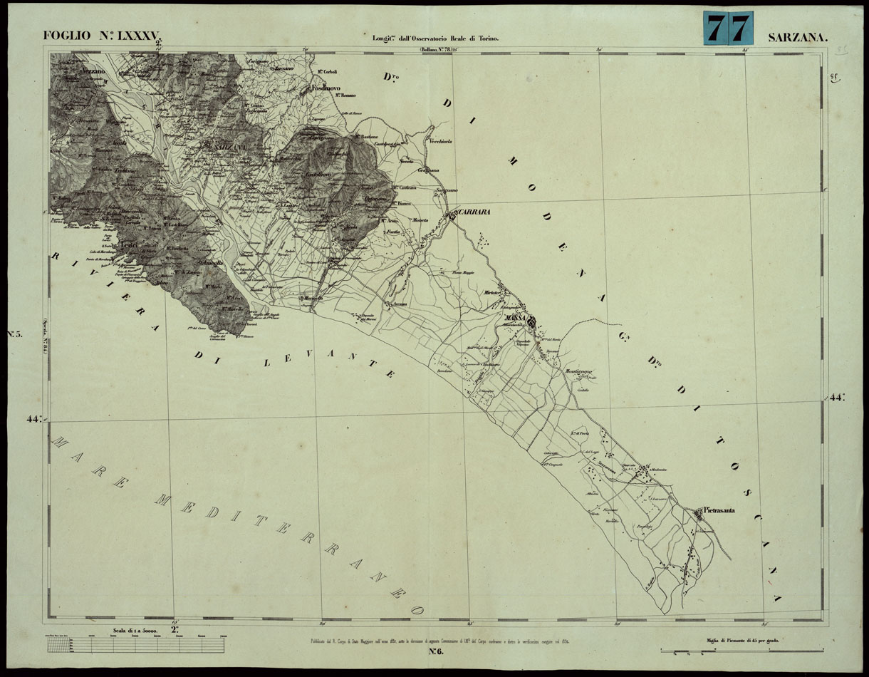 (N:24119) CARTA TOPOGRAFICA DEGLI STATI IN TERRAFERMA DI S.M. IL RE DI SARDEGNA ALLA SCALA DI 1A 50.000. OPERA DEL CORPO REALE DELLO STATO MAGGIORE - FOGLIO N.LXXXV  SARZANA (CA003673) Carte e stampe antiche: riproduzione a colori su carta (formato A1)