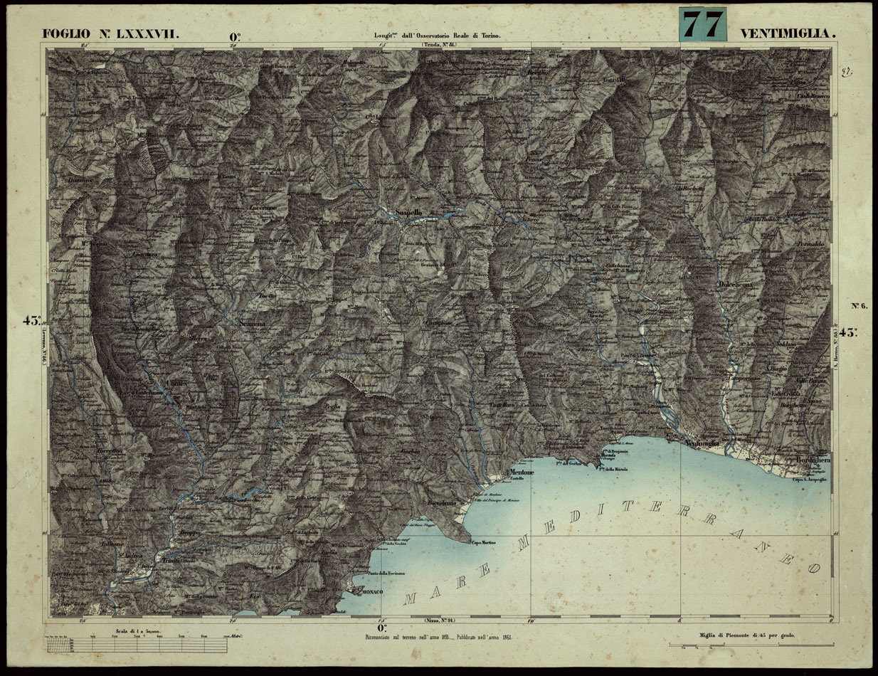 (N:24122) CARTA TOPOGRAFICA DEGLI STATI IN TERRAFERMA DI S.M. IL RE DI SARDEGNA ALLA SCALA DI 1A 50.000. OPERA DEL CORPO REALE DELLO STATO MAGGIORE - FOGLIO N.LXXXVII  VENTIMIGLIA (CA003675) Carte e stampe antiche: riproduzione a colori su carta (formato A1)
