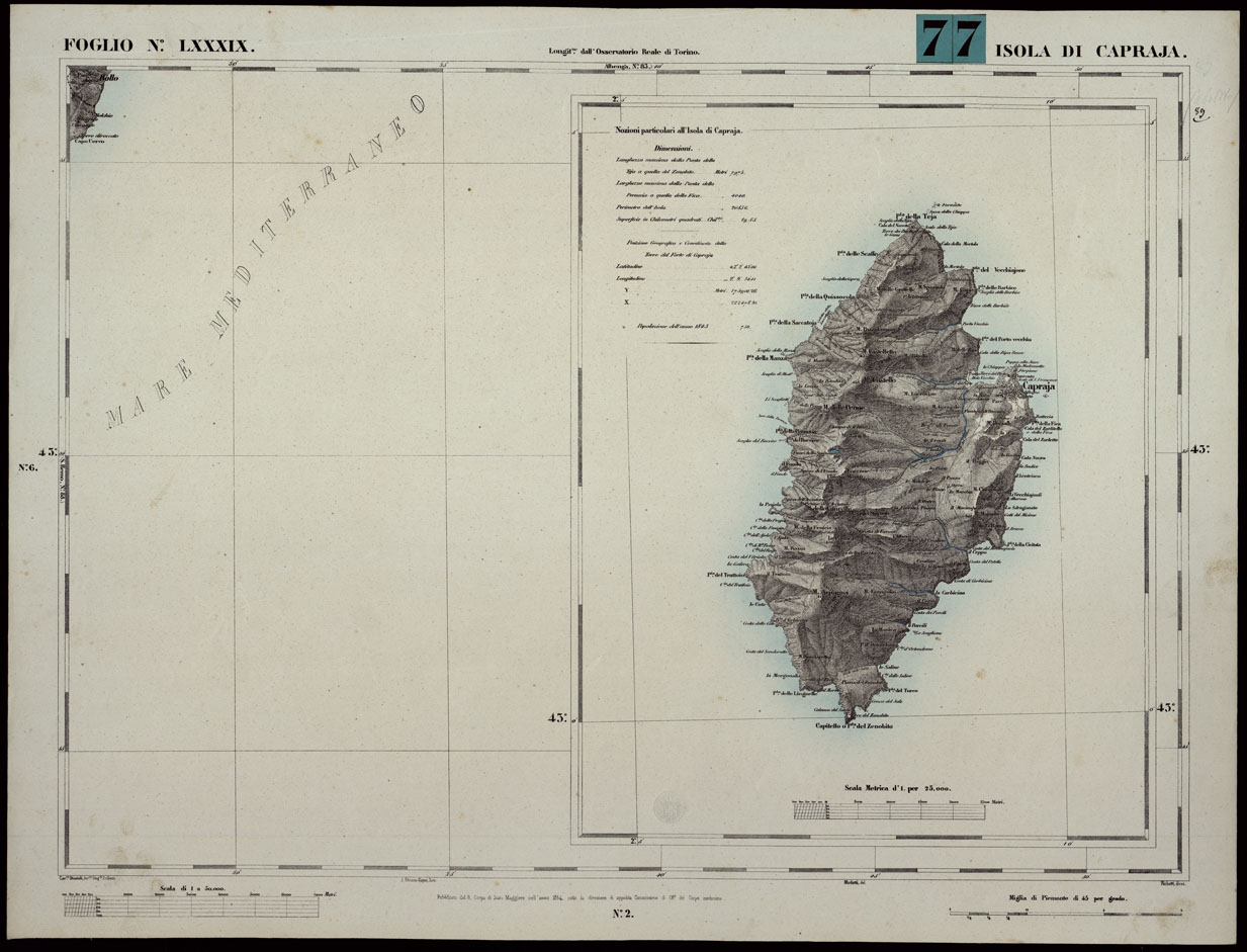 (N:24124) CARTA TOPOGRAFICA DEGLI STATI IN TERRAFERMA DI S.M. IL RE DI SARDEGNA ALLA SCALA DI 1A 50.000. OPERA DEL CORPO REALE DELLO STATO MAGGIORE - FOGLIO N.LXXXIX  ISOLA DI CAPRAJA (CA003677) Carte e stampe antiche: riproduzione a colori su carta (formato A1)