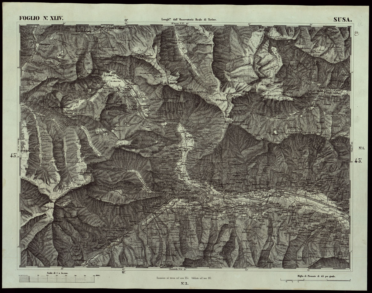 (N:24178) CARTA TOPOGRAFICA DEGLI STATI IN TERRAFERMA DI S.M. IL RE DI SARDEGNA ALLA SCALA DI 1A 50.000 OPERA DEL CORPO REALE DELLO STATO MAGGIORE - riveduti e corretti - FOGLIO N. XLIV - SUSA (CA003696) Carte e stampe antiche: riproduzione a colori su carta (formato A1)