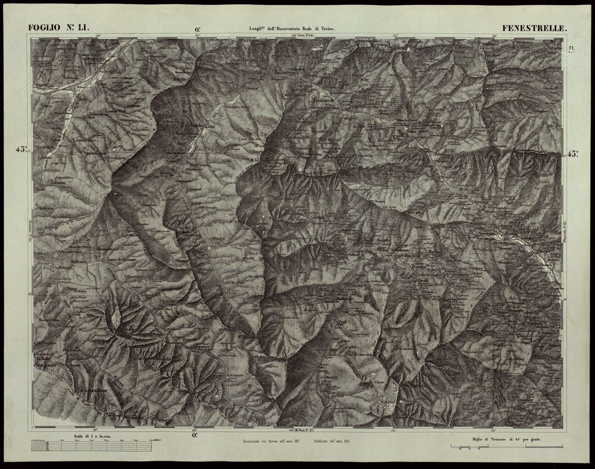 (N:24188) CARTA TOPOGRAFICA DEGLI STATI IN TERRAFERMA DI S.M. IL RE DI SARDEGNA ALLA SCALA DI 1A 50.000 OPERA DEL CORPO REALE DELLO STATO MAGGIORE RIVEDUTI E CORRETTI - FOGLIO N. LI.  FENESTRELLE (CA003698) Carte e stampe antiche: riproduzione a colori su carta (formato A1)
