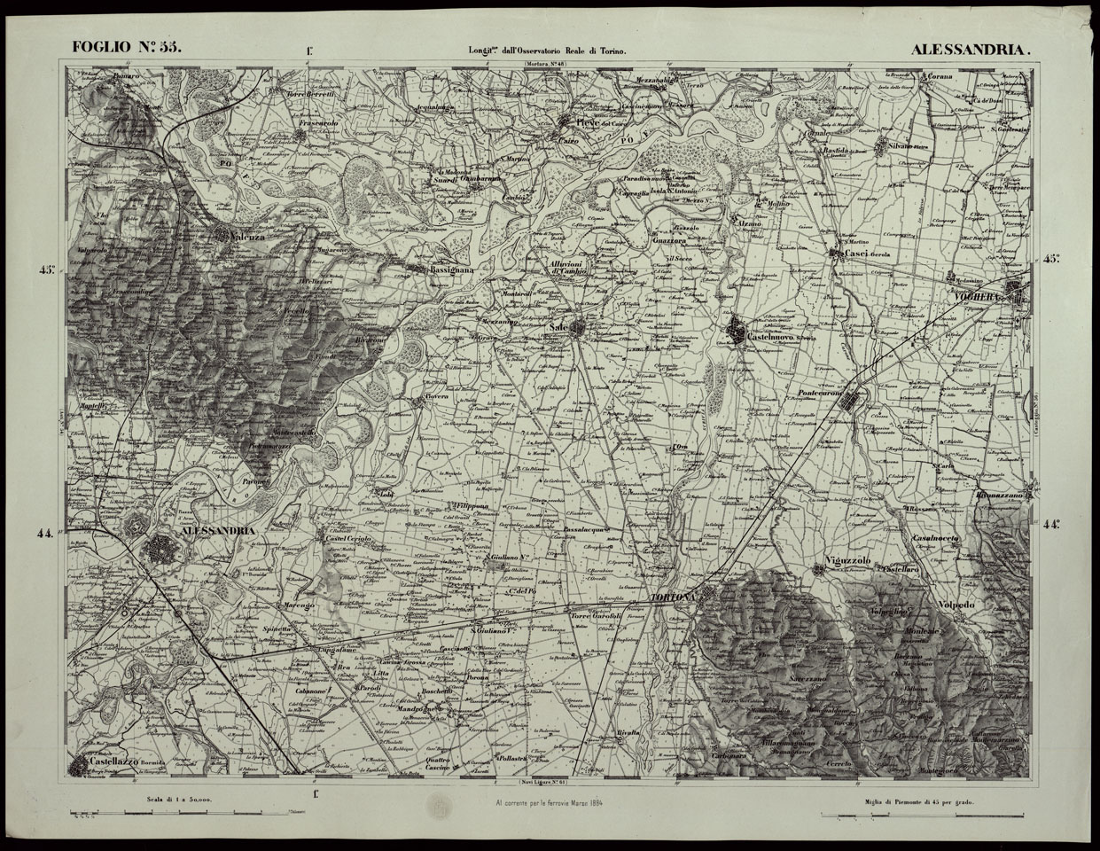 (N:24192) CARTA TOPOGRAFICA DEGLI STATI IN TERRAFERMA DI S.M. IL RE DI SARDEGNA ALLA SCALA DI 1A 50.000 OPERA DEL CORPO REALE DELLO STATO MAGGIORE RIVEDUTI E CORRETTI - FOGLIO N. 55  ALESSANDRIA (CA003702) Carte e stampe antiche: riproduzione a colori su carta (formato A1)