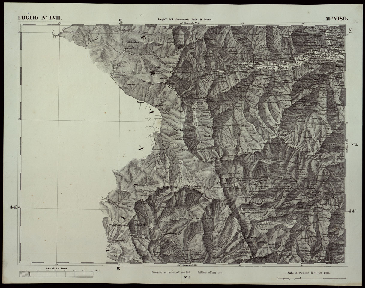 (N:24194) CARTA TOPOGRAFICA DEGLI STATI IN TERRAFERMA DI S.M. IL RE DI SARDEGNA ALLA SCALA DI 1A 50.000 OPERA DEL CORPO REALE DELLO STATO MAGGIORE RIVEDUTI E CVORRETTI - FOGLIO N. LVII  MONTE VISO (CA003704) Carte e stampe antiche: riproduzione a colori su carta (formato A1)