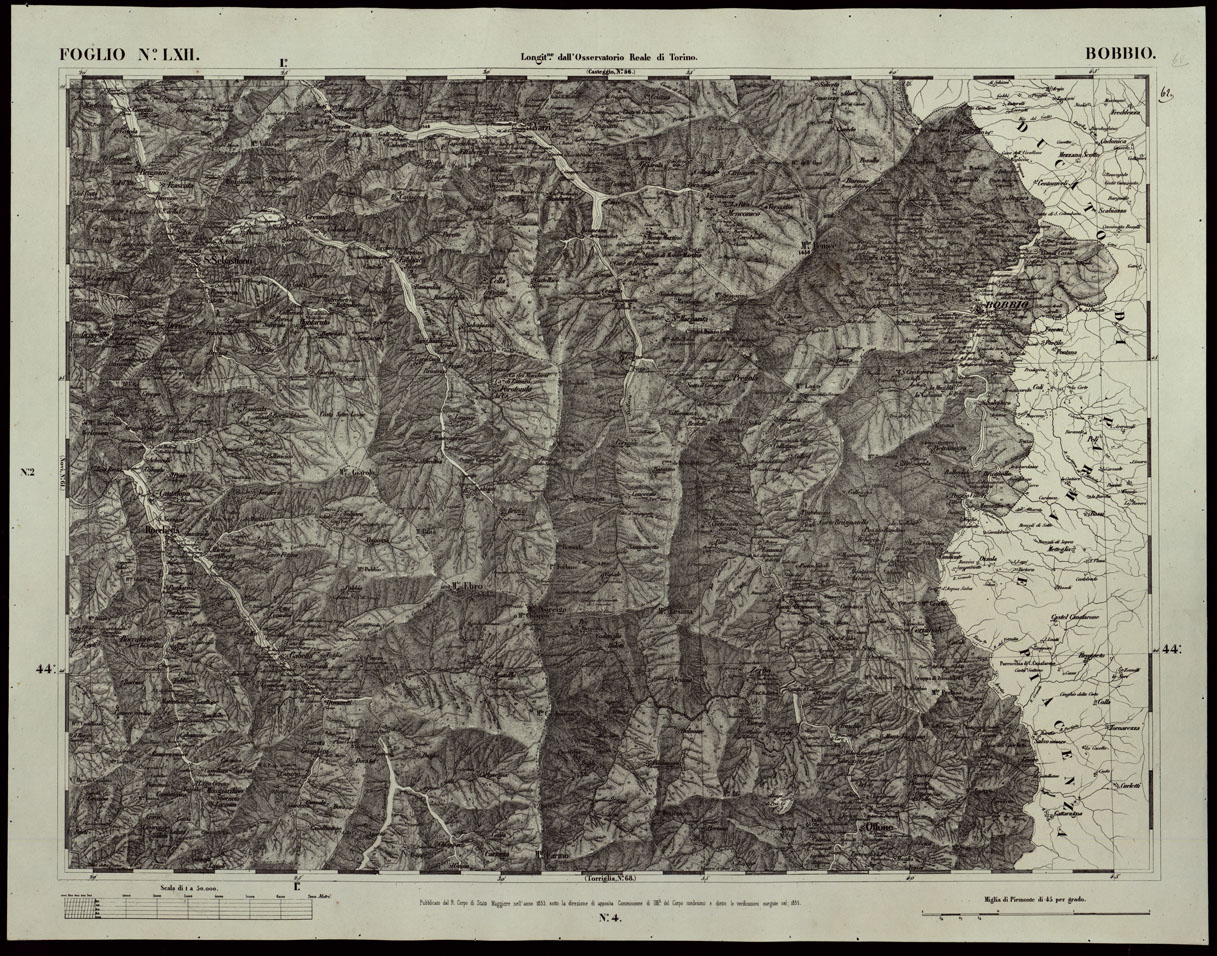 (N:24196) CARTA TOPOGRAFICA DEGLI STATI IN TERRAFERMA DI S.M. IL RE DI SARDEGNA ALLA SCALA DI 1A 50.000 OPERA DEL CORPO REALE DELLO STATO MAGGIORE RIVEDUTI E CORRETTI - FOGLIO N. LXII BOBBIO (CA003706) Carte e stampe antiche: riproduzione a colori su carta (formato A1)