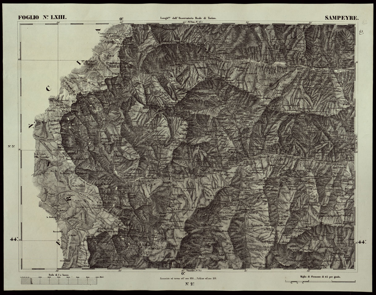 (N:24197) CARTA TOPOGRAFICA DEGLI STATI IN TERRAFERMA DI S.M. IL RE DI SARDEGNA ALLA SCALA DI 1A 50.000 OPERA DEL CORPO REALE DELLO STATO MAGGIORE RIVEDUTI E CORRETTI - FOGLIO N. LXIII  SAMPEYRE (CA003707) Carte e stampe antiche: riproduzione a colori su carta (formato A1)