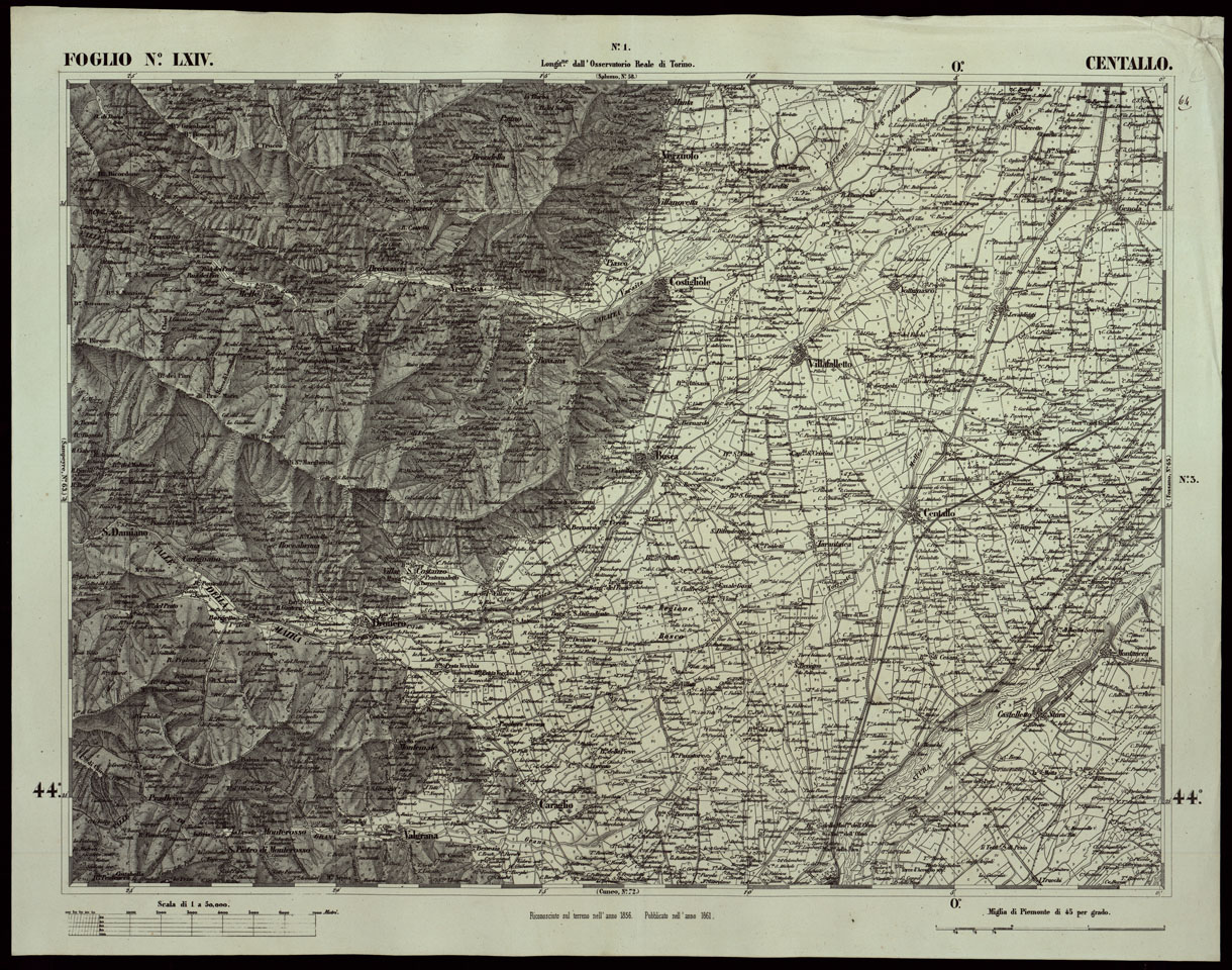 (N:24198) CARTA TOPOGRAFICA DEGLI STATI IN TERRAFERMA DI S.M. IL RE DI SARDEGNA ALLA SCALA DI 1A 50.000 OPERA DEL CORPO REALE DELLO STATO MAGGIORE RIVEDUTI E CORRETTI - FOGLIO N. LXIV CENTALLO (CA003708) Carte e stampe antiche: riproduzione a colori su carta (formato A1)